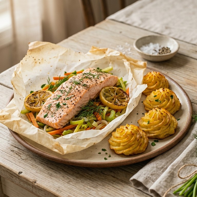 Zalmpakketje uit de oven met pommes duchesses recept
