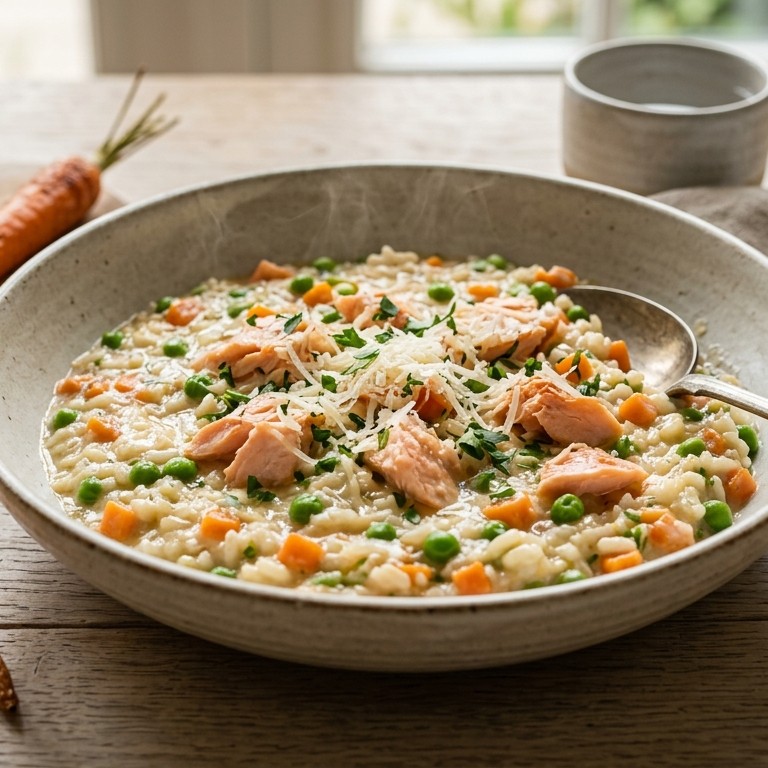 Zalmrisotto met tuinerwten en wortel recept