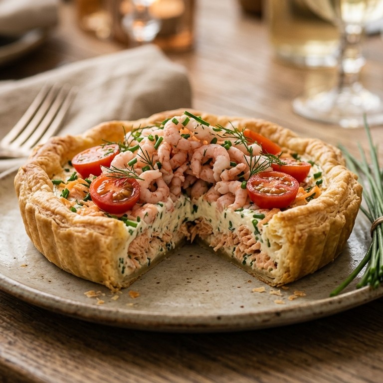 Zalmtaartje met roomkaas en garnalen recept