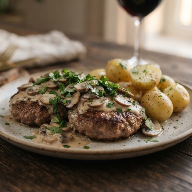Zelfgemaakte hamburgers met champignonsroomsaus recept