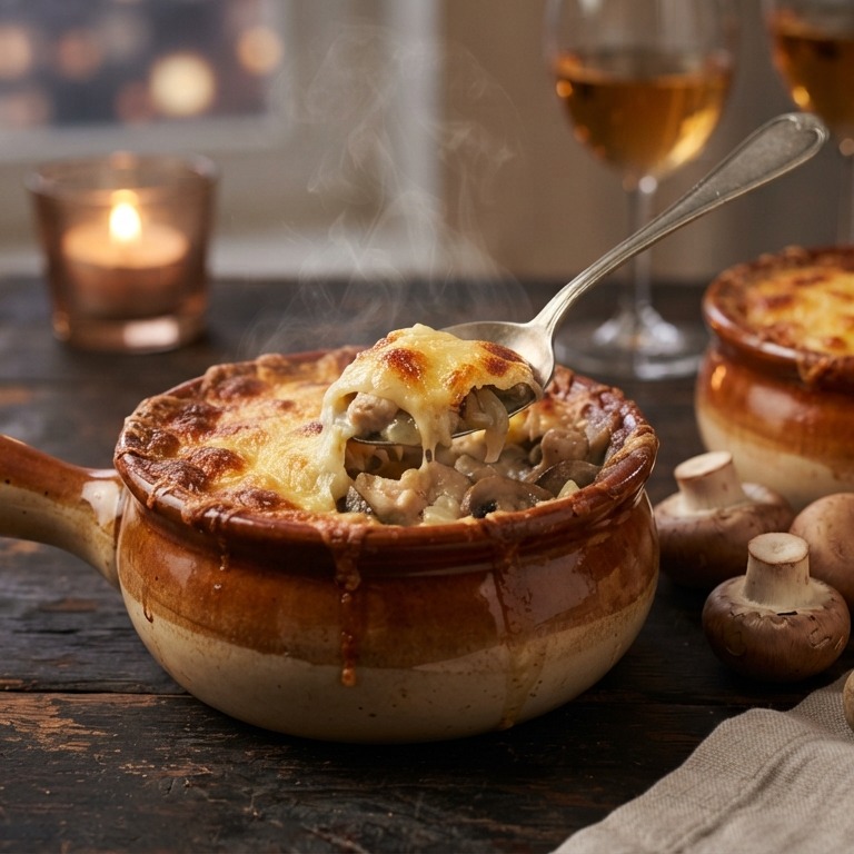 Zhulyen kurinyi v kokotnitsakh (ovenpotjes van kip,champignons en kaas) recept