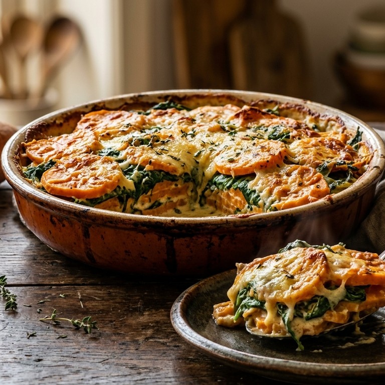 Zoete aardappelschotel met spinazie recept