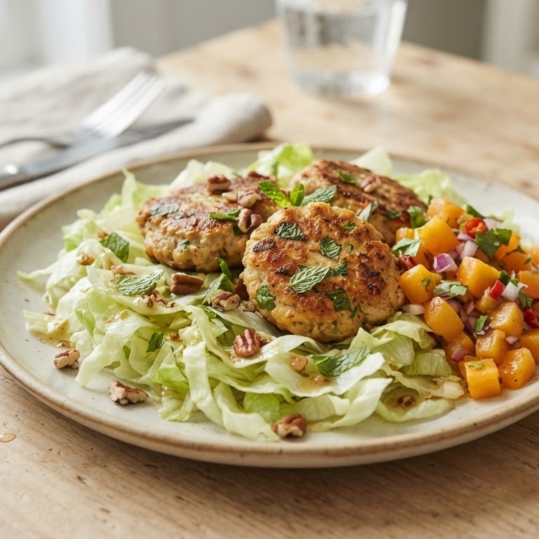 Zoete kip-muntkoekjes op knapperige salade en abrikozensalsa recept