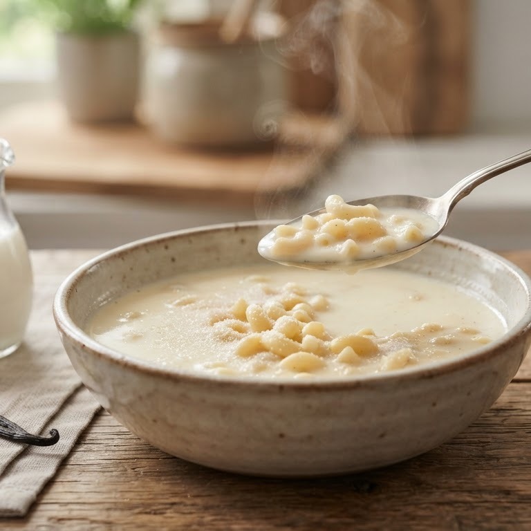 Zoete melksoep met pasta en vanille recept