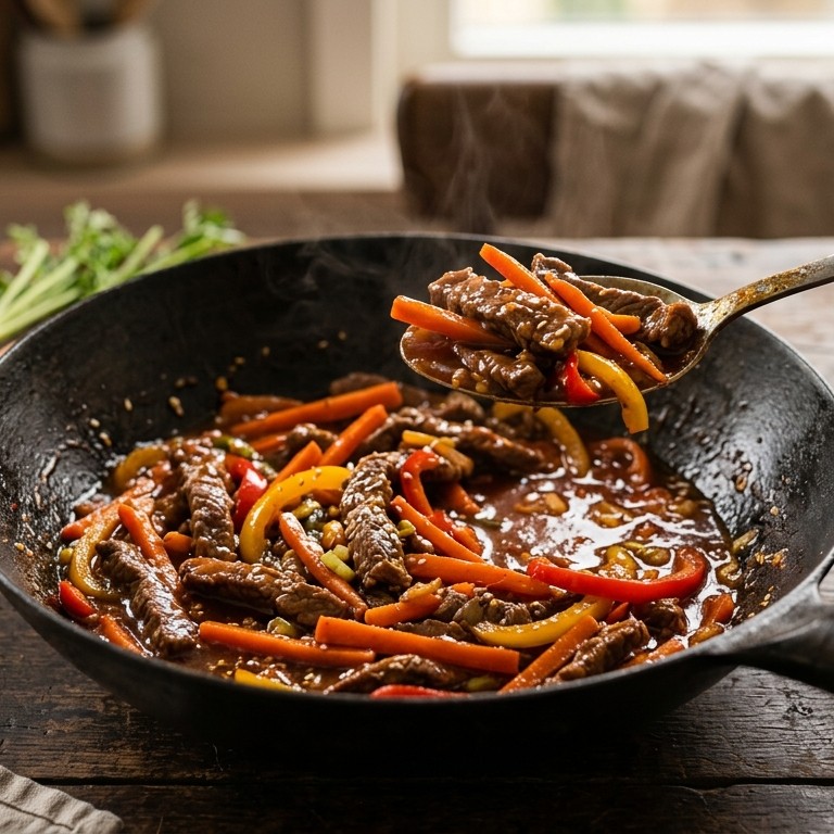 Zoetzure runderreepjes met wortel & paprika recept