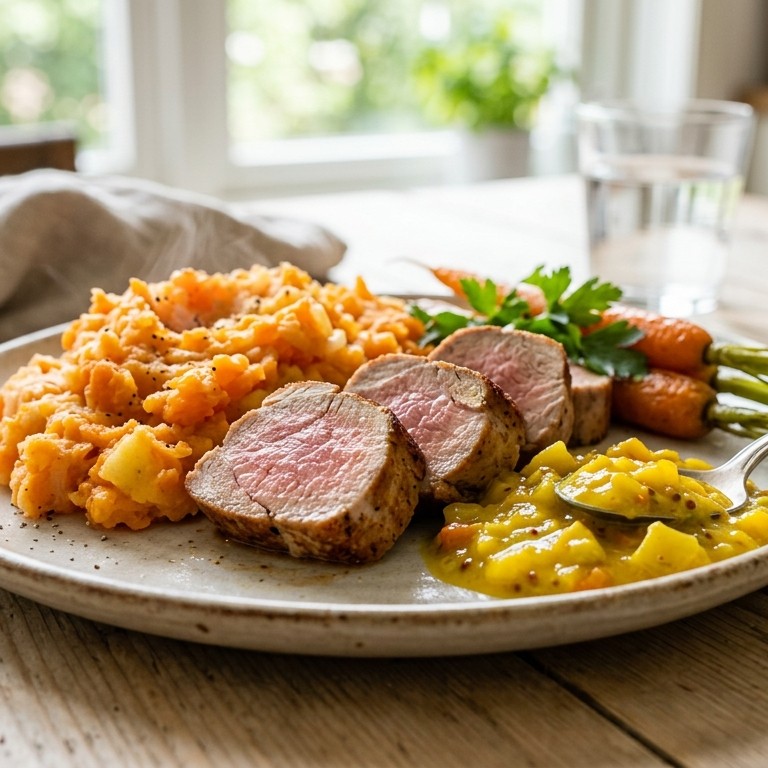Zomerse hutspot met piccalillysaus en varkenshaas recept