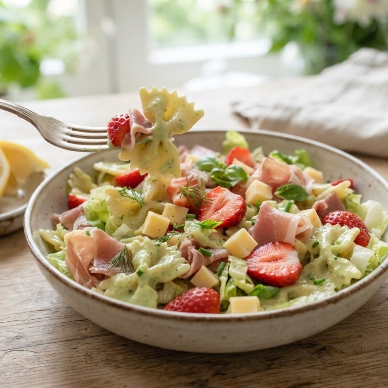 Zomerse pastasalade met aardbeien en avocadosaus recept