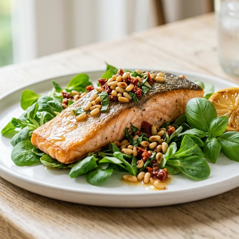 Zomerse zalm met pijnboompitten recept