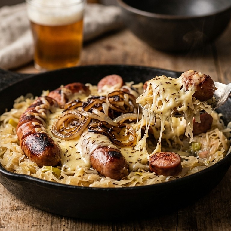 Zuurkool en saucijzen met uien en kaas recept