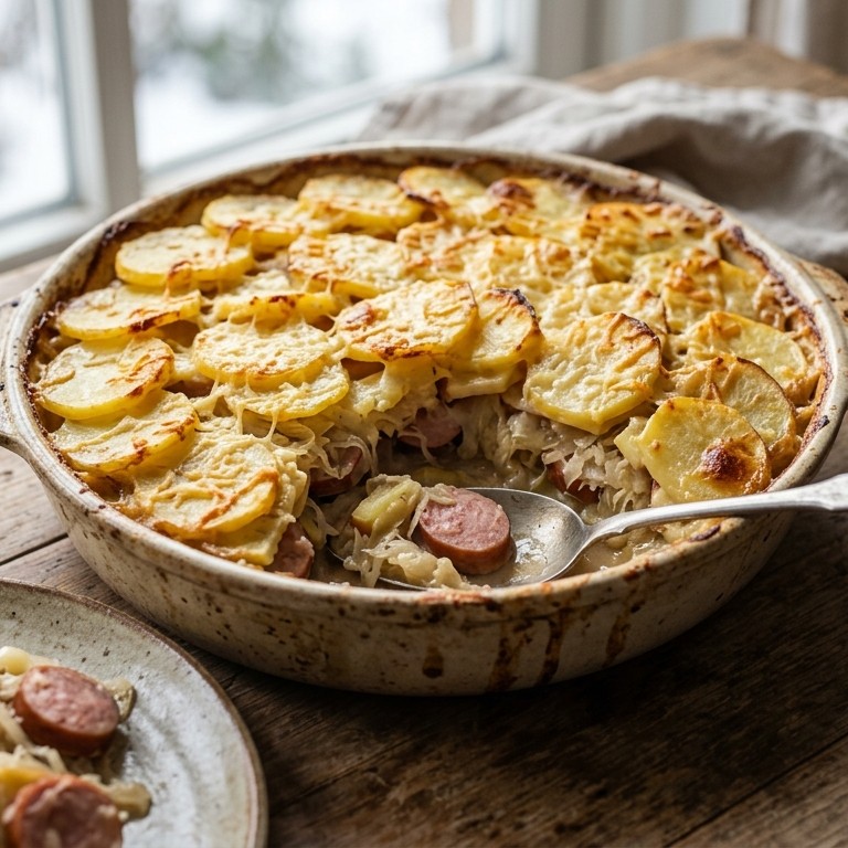 Zuurkool met worst onder een aardappeldekentje recept