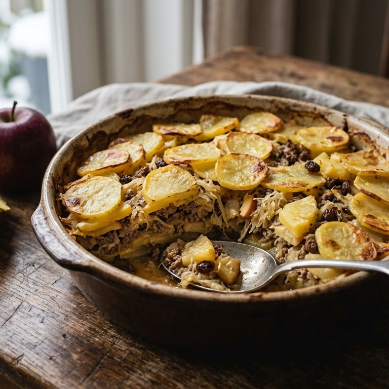 Zuurkoolschotel  met appel, ananas en gehakt recept