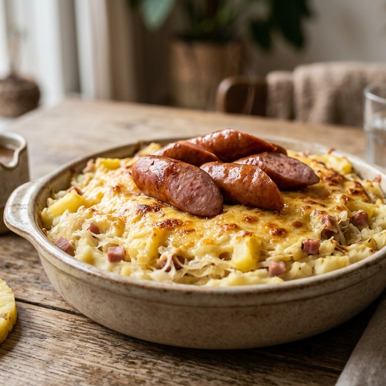 Zuurkoolstamppot met kaas, ananas en rookworst recept