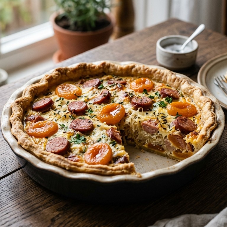 Zuurkooltaart met abrikozen en worst recept