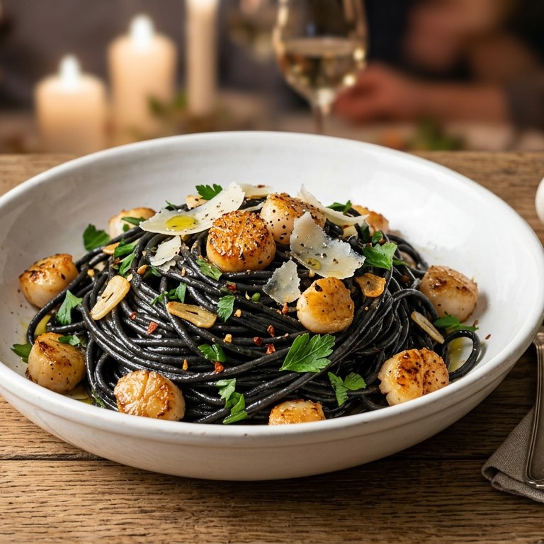 Zwarte spaghetti met mini Sint Jacobsnootjes recept