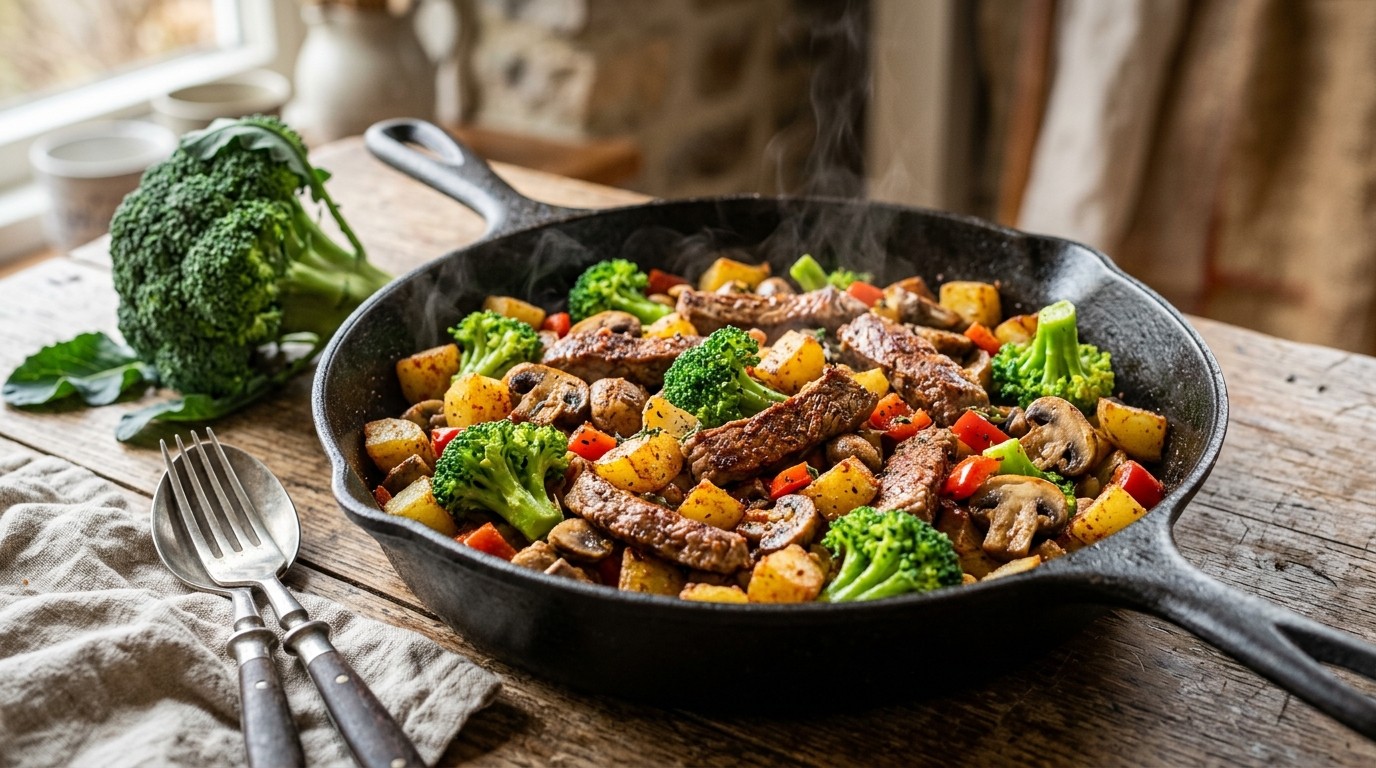 1 pans gerecht met kalfsfilet, broccoli, aardappel en champignons