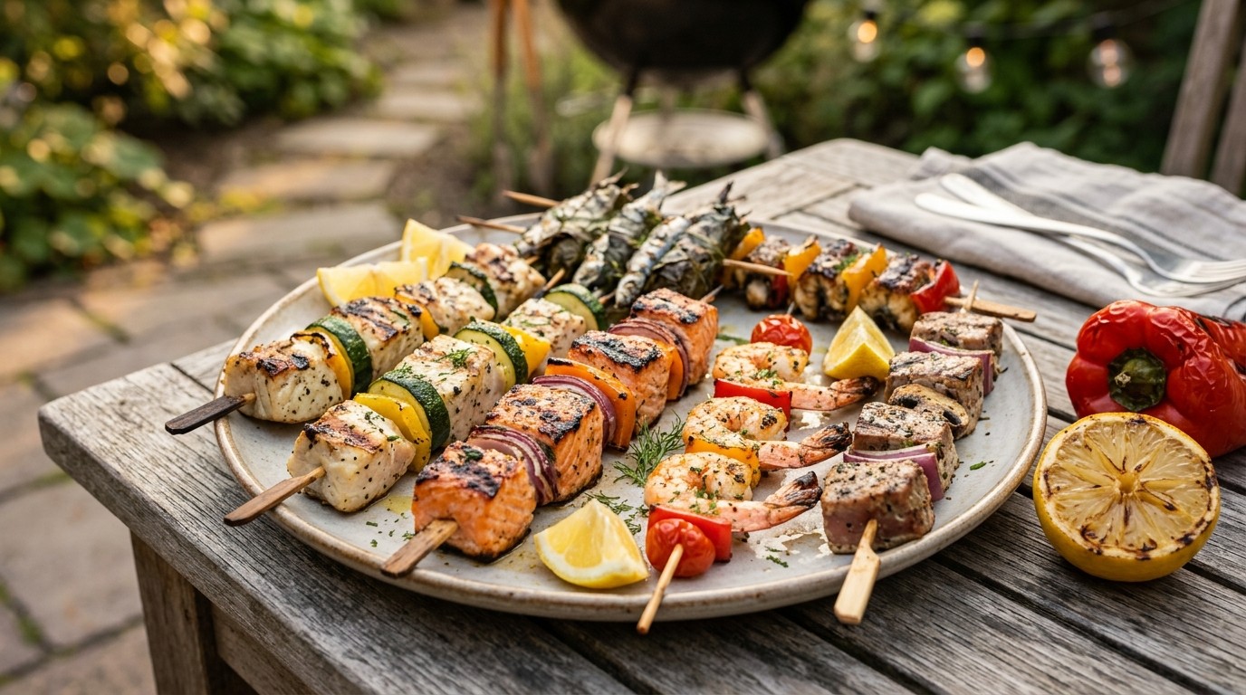 4 verschillende BBQ visspiesjes