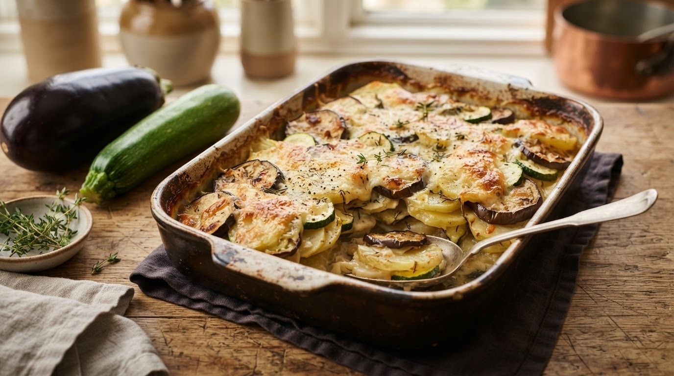 Aardappel-andersschotel met aubergine en courgette