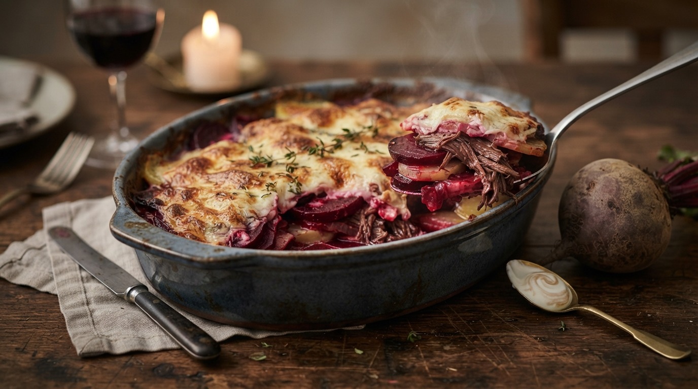 Aardappel-bietenschotel met kant en klaar stoofvlees