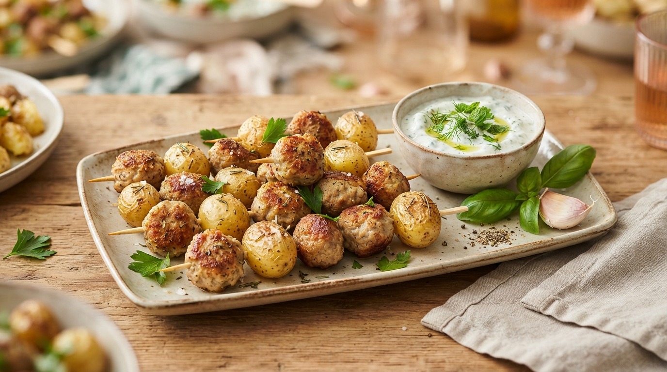Aardappel-gehaktspiesjes met dip voor buffet