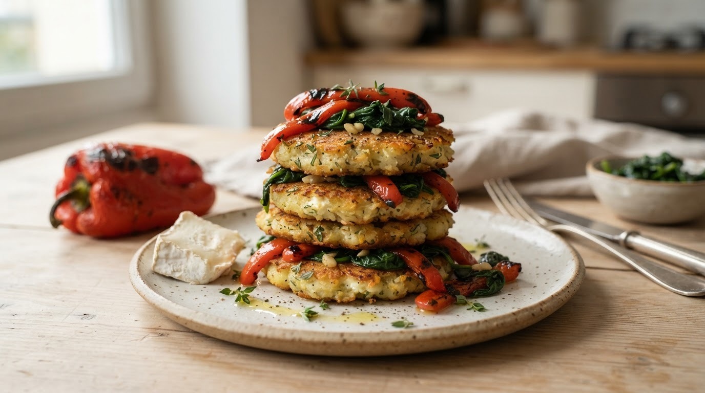 Aardappel geitenkaas koekjes met geroosterde paprika