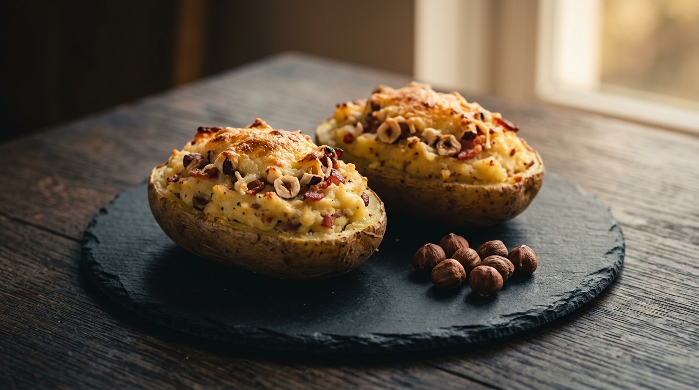 Aardappel gevuld met ontbijtspek, kaas en gehakte noten