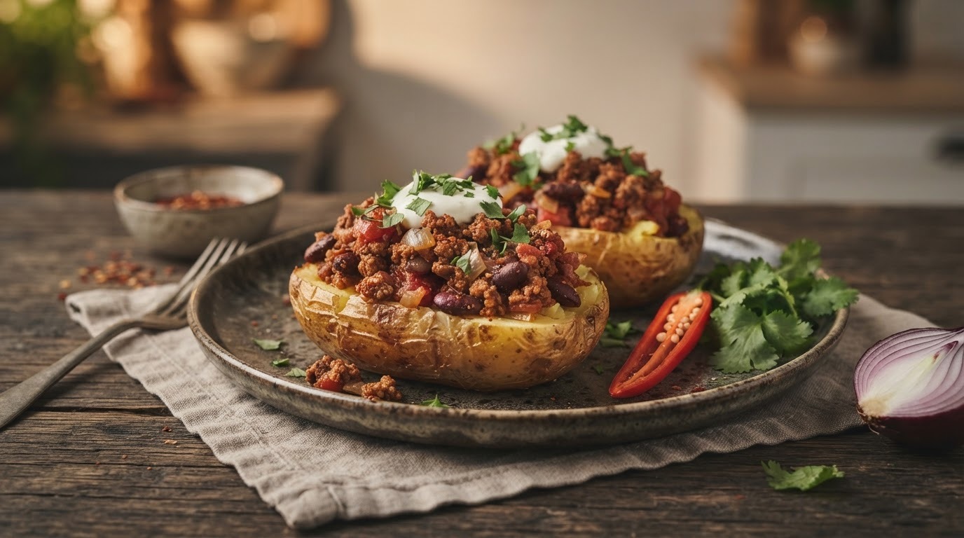 Aardappel gevuld met pittige rundergehakt