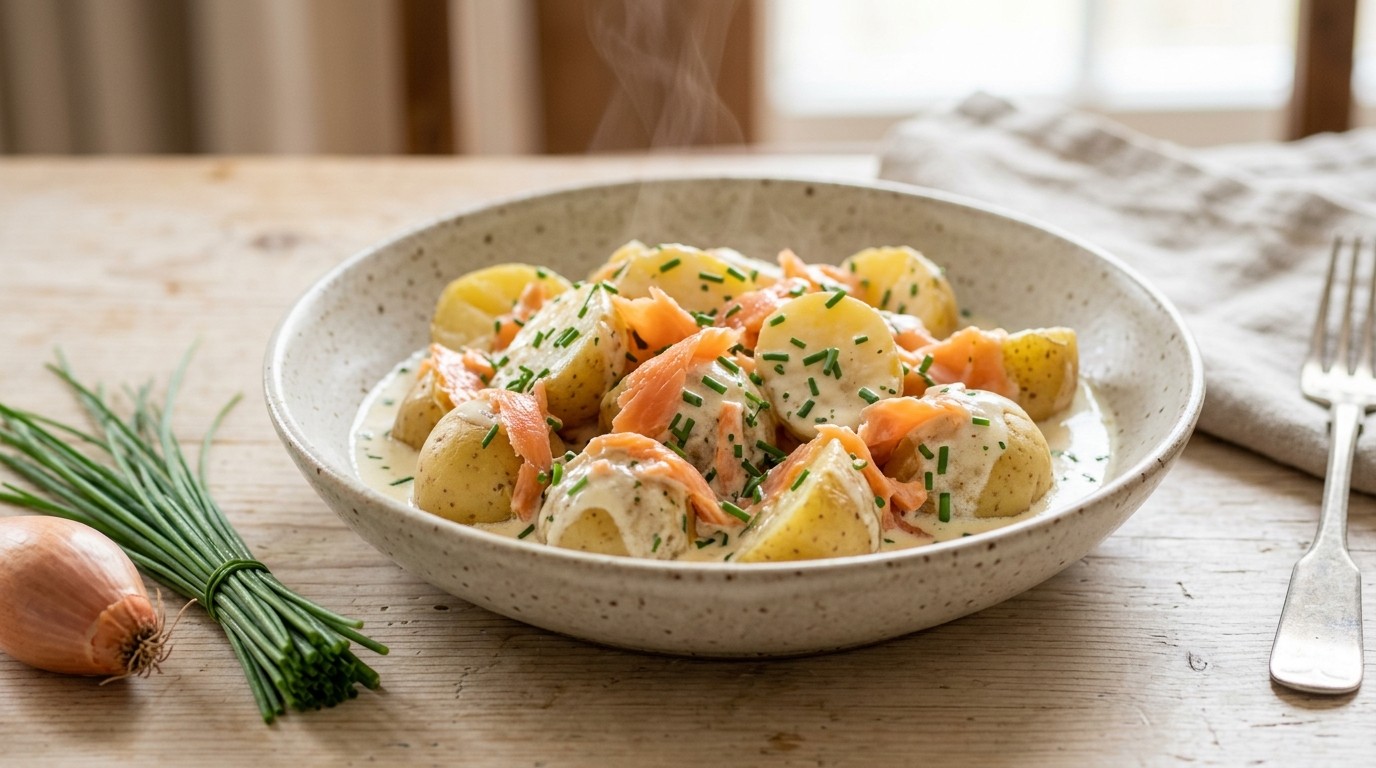 Aardappel met zalm- bieslookroom