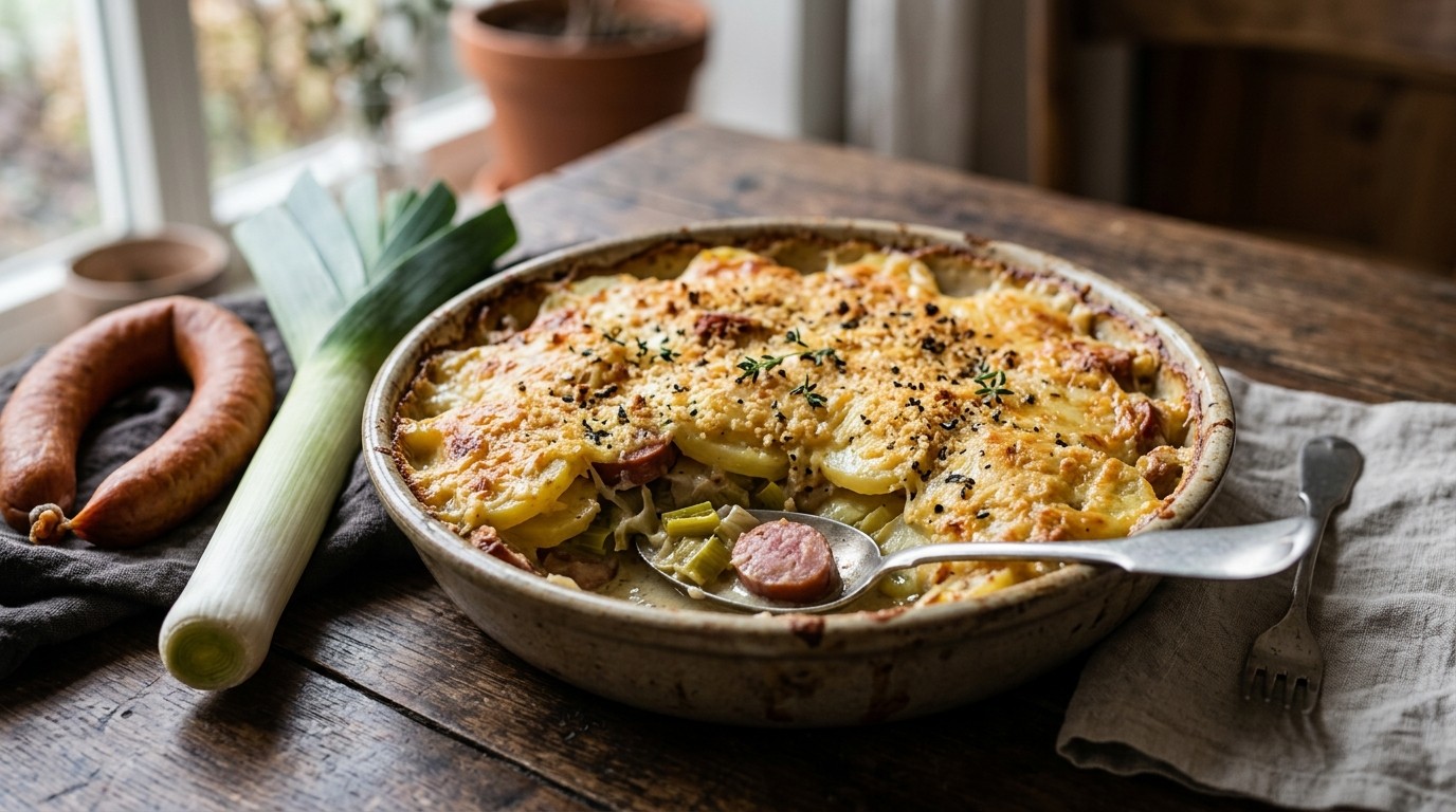 Aardappel-prei-worstschotel uit de oven