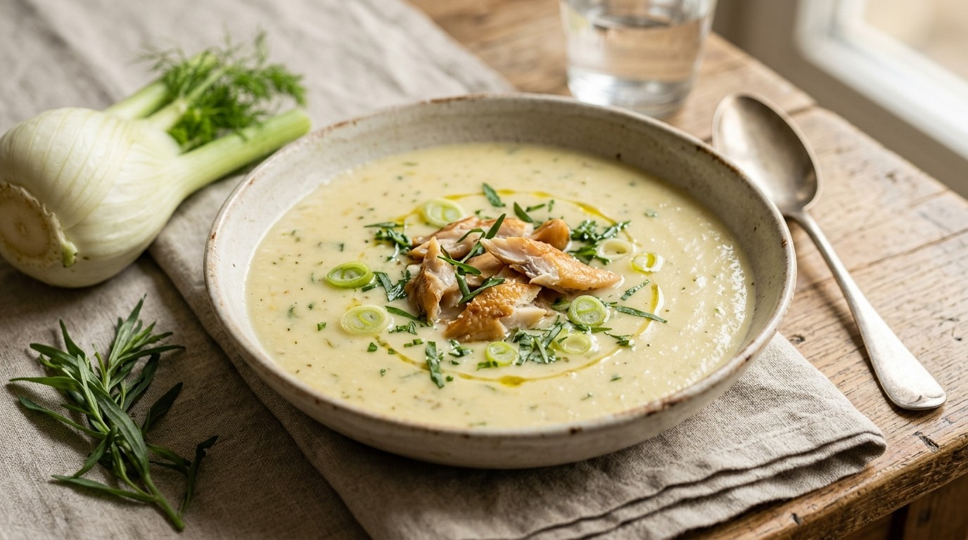 Aardappel-venkelsoepje met gerookte paling