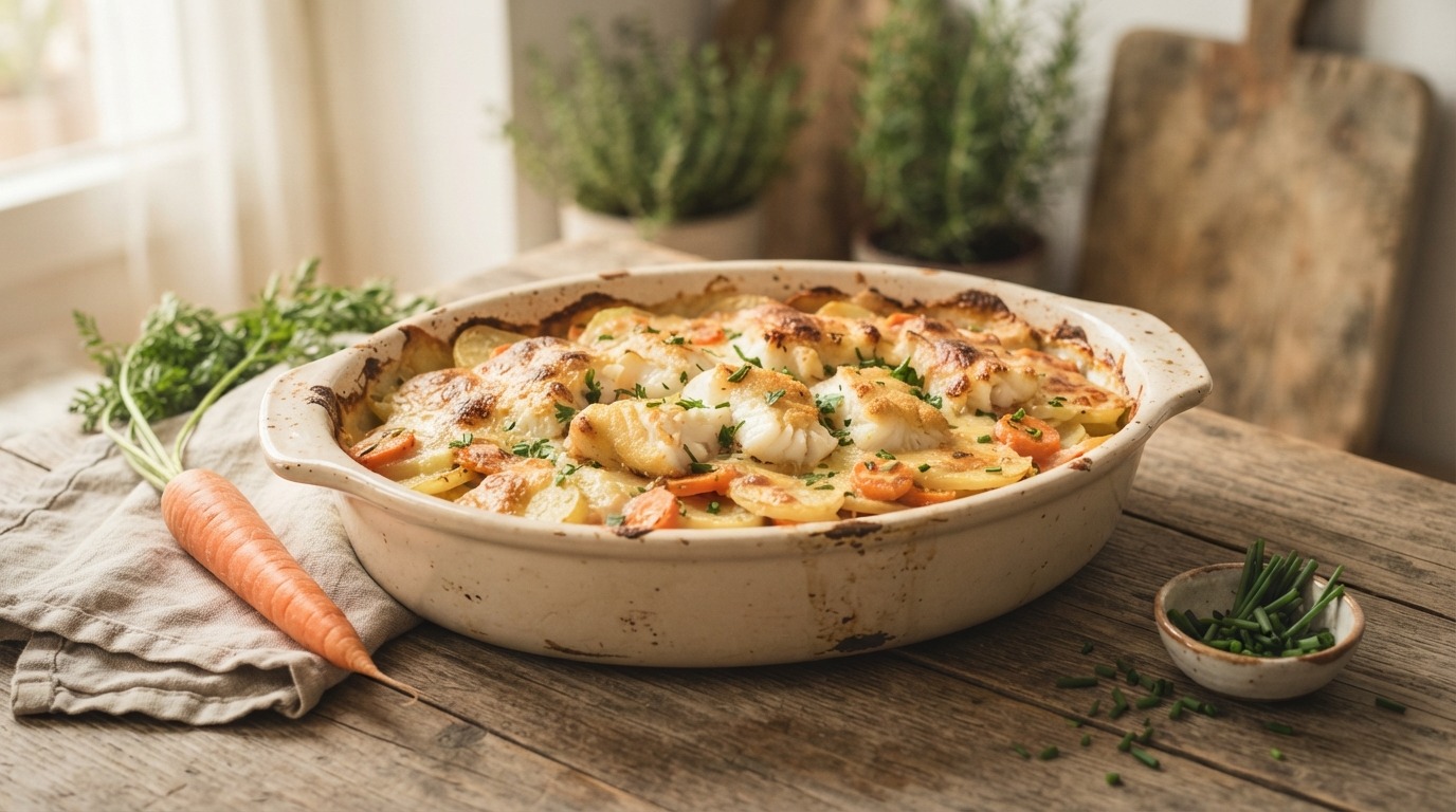 Aardappel wortelgratin met vis