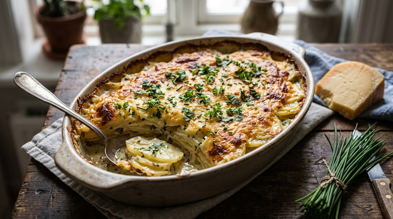 Aardappelgratin met een Kaaskorstje