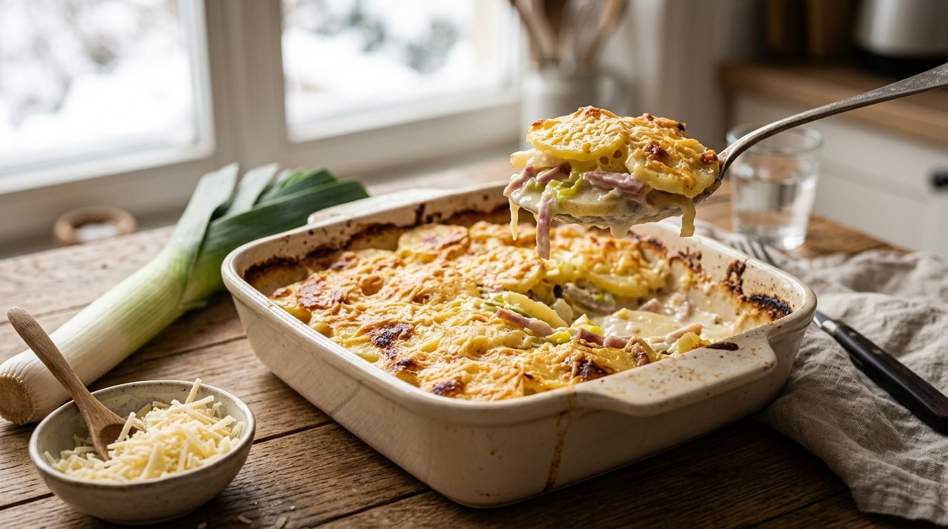 Aardappelgratin met Prei en ham