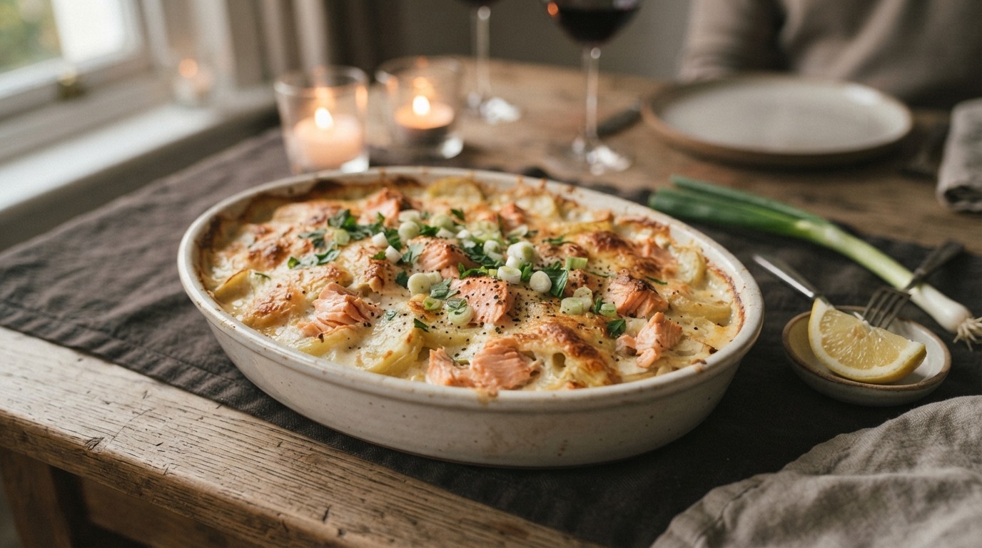 Aardappelgratin met zalm