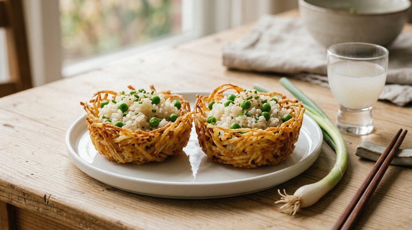 Aardappelmandje Gevuld met Sakerijst en Doperwten