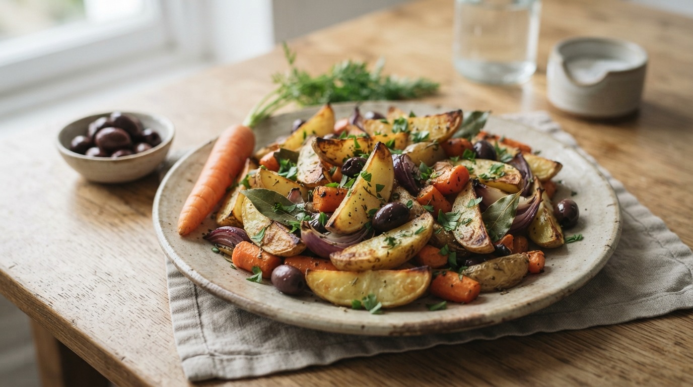 Aardappelpartjes met groenten uit de oven