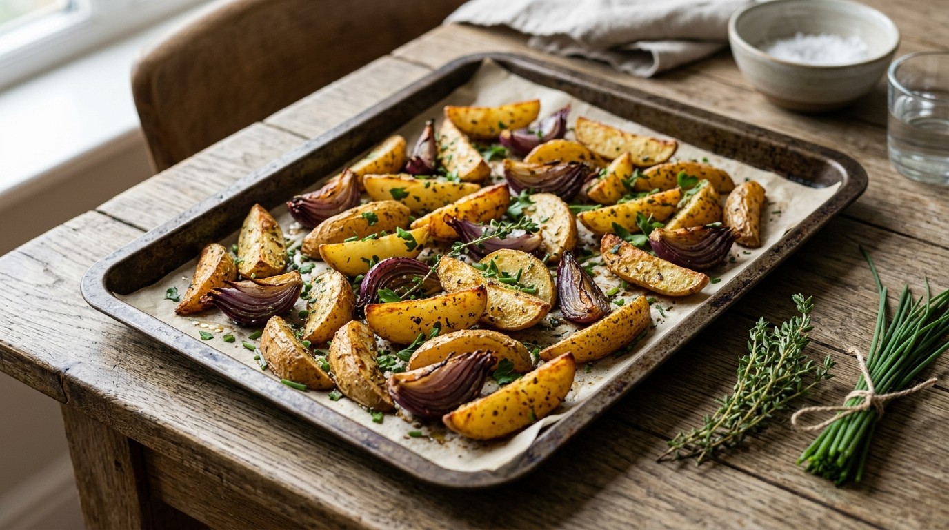 Aardappelpartjes met rode uien