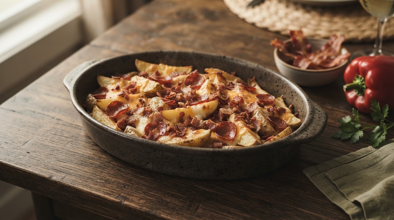 Aardappelpartjes met spekjes en paprika