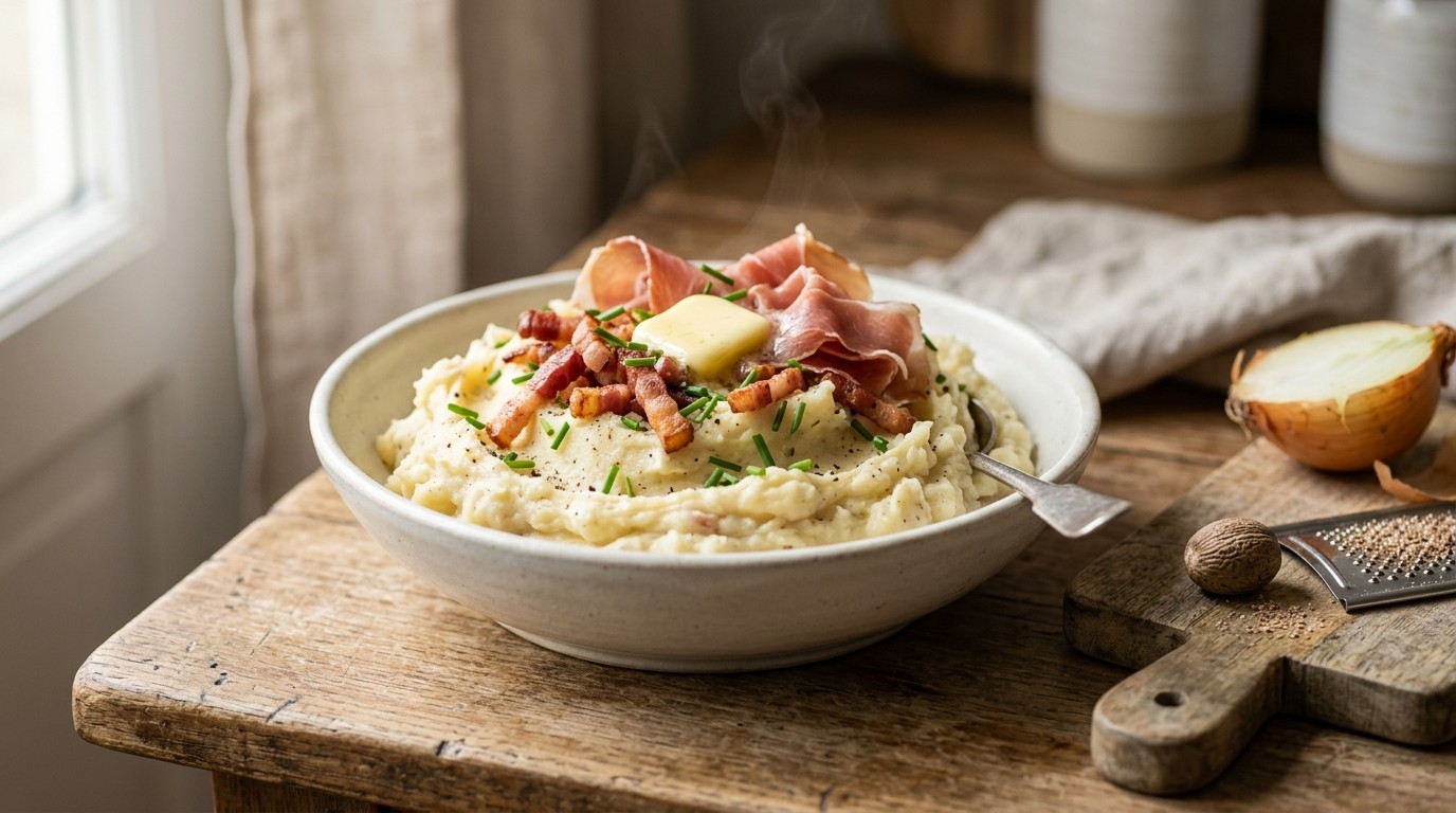 Aardappelpuree met Gandaham en spek