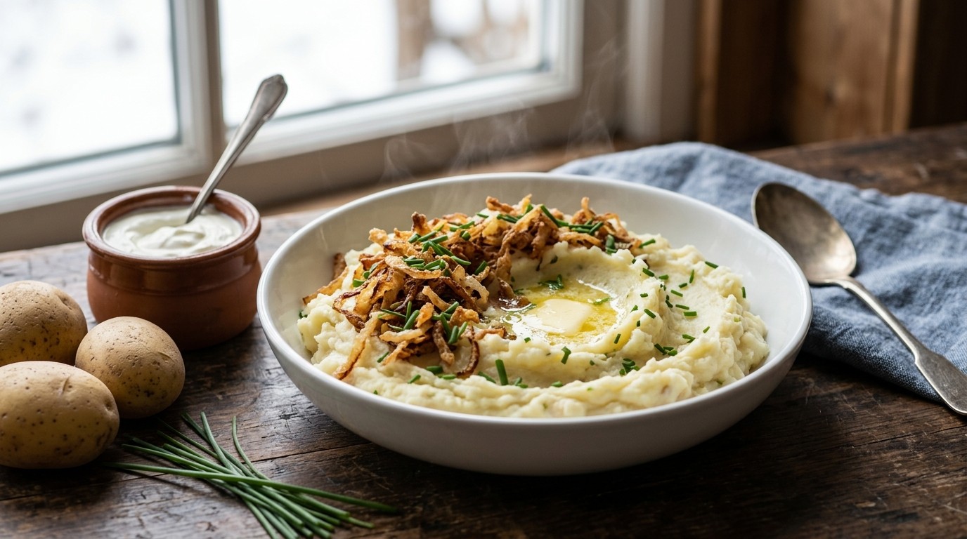 Aardappelpuree met Gebakken Uitjes en Bieslook