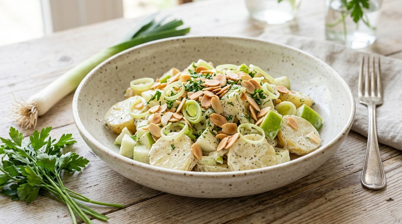 Aardappelsalade met appel en amandelen