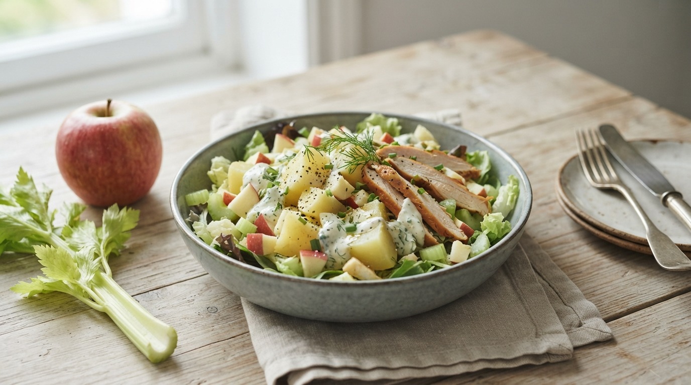 Aardappelsalade met appel en gerookte kip
