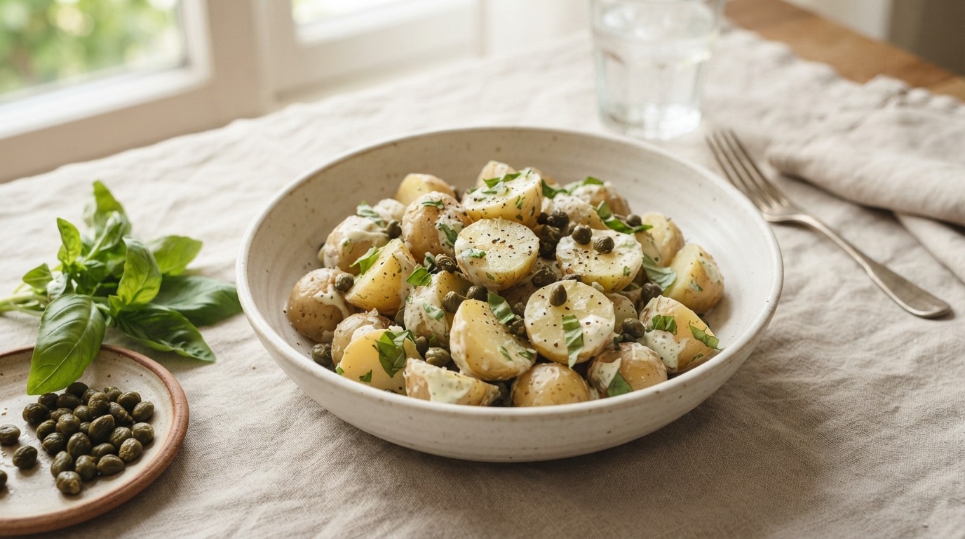 Aardappelsalade met basilicum en kappertjes