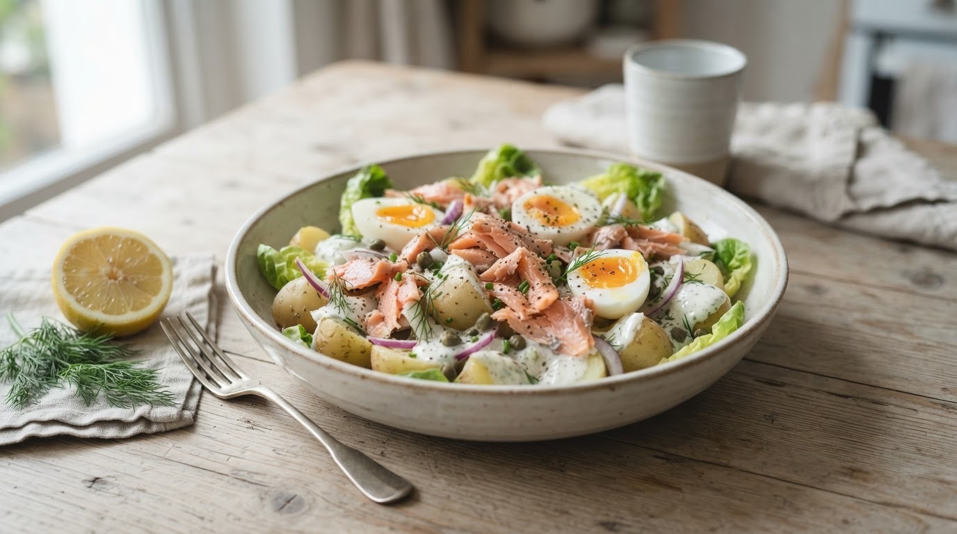 Aardappelsalade met gerookte forel en ei