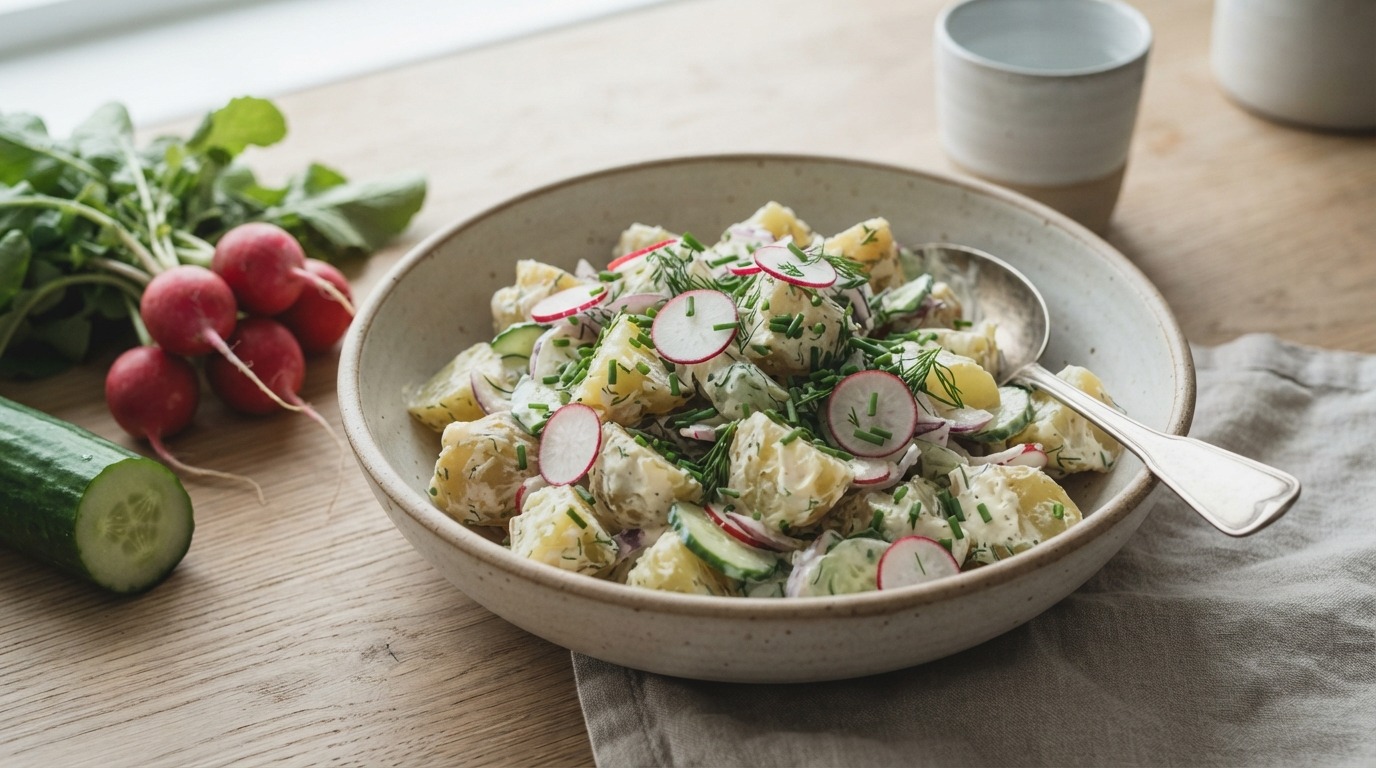 Aardappelsalade met komkommer en radijs