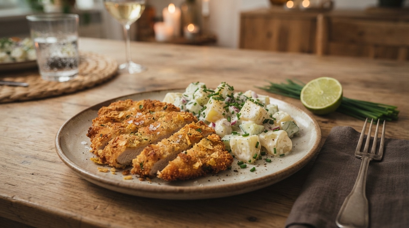 Aardappelsalade met krokante schnitzel