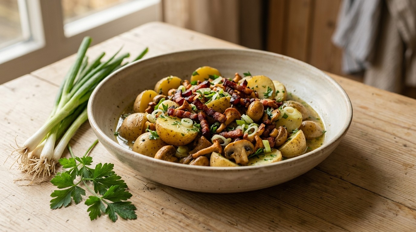 Aardappelsalade met Rookspek en Champignons
