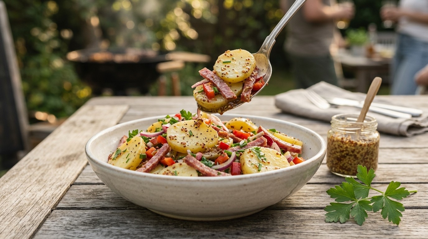 Aardappelsalade met salami en paprika