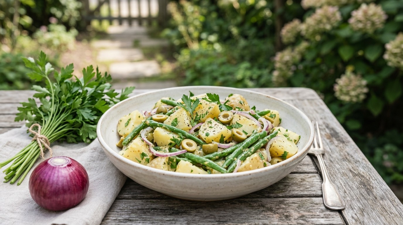 Aardappelsalade met sperziebonen en groene olijven