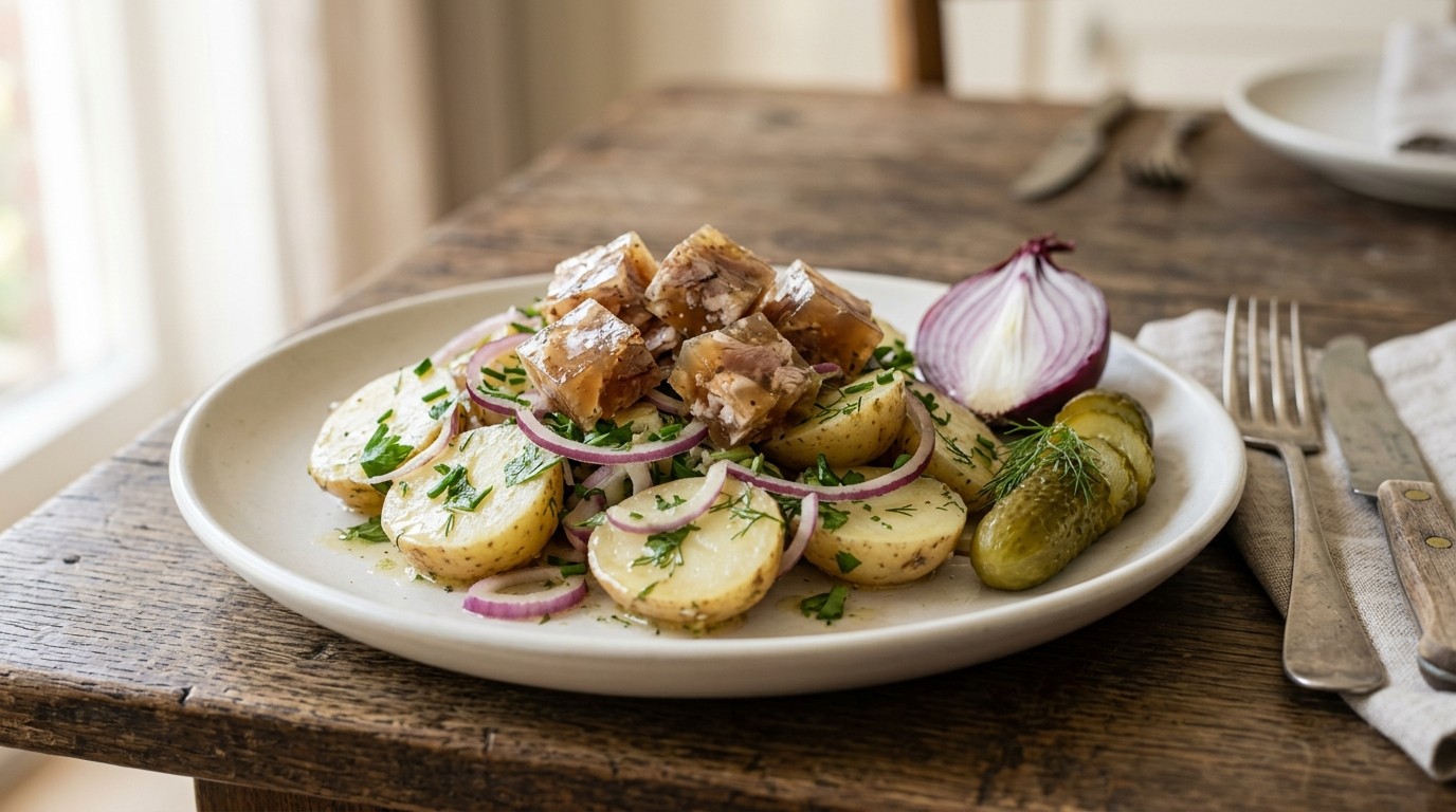 Aardappelsalade met zure zult