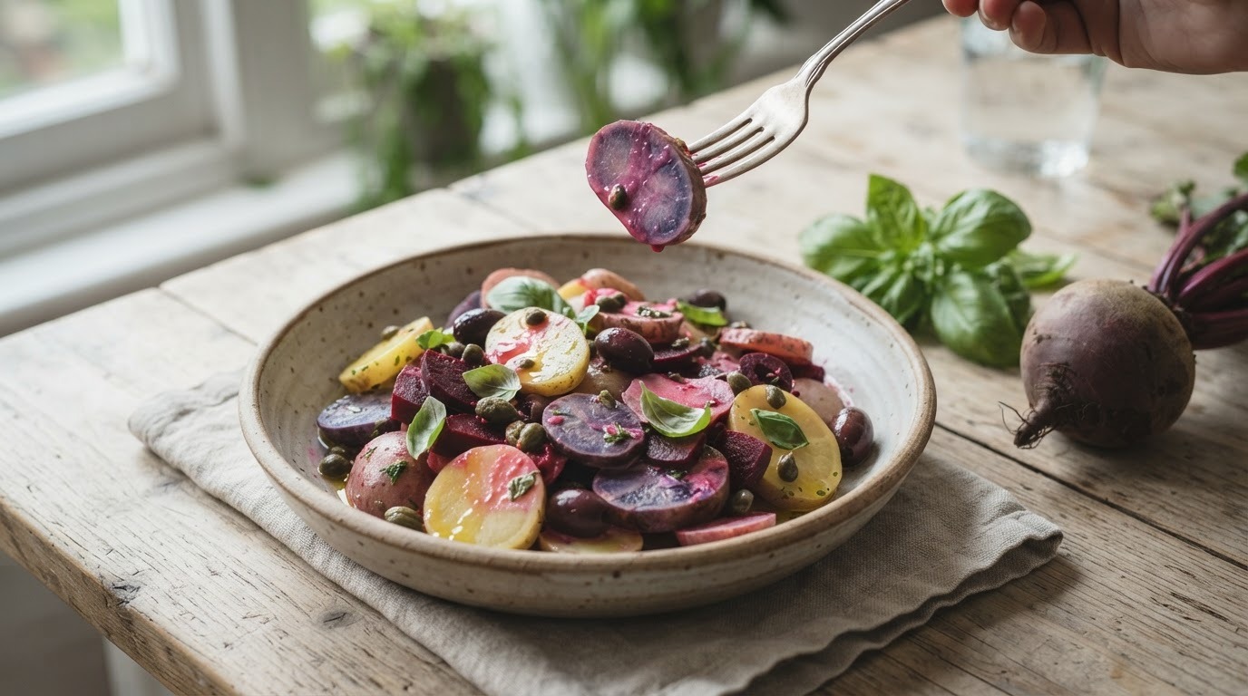 Aardappelsalade van gekleurde smulpiepers met kapperappels en olijf